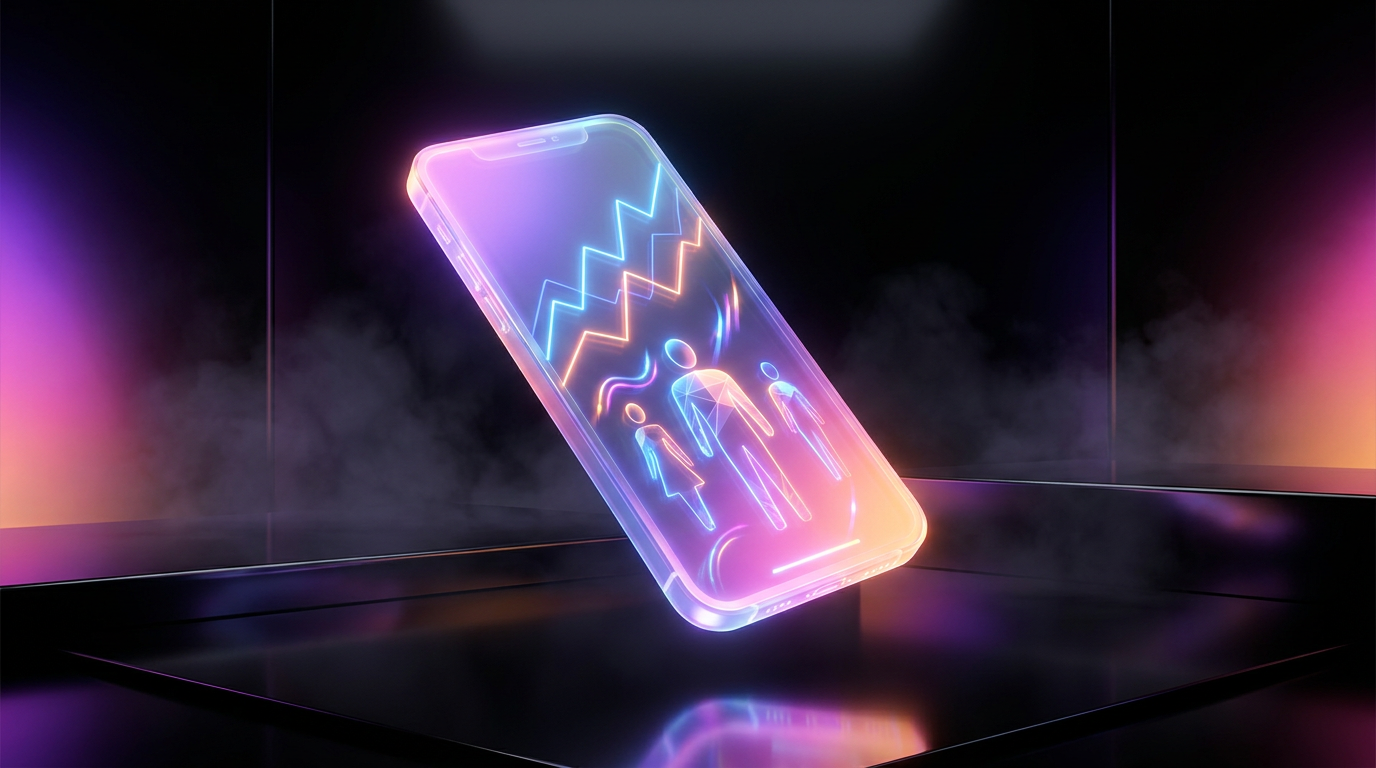 Smartphone exibindo gráficos financeiros e avatares sem rosto com iluminação neon