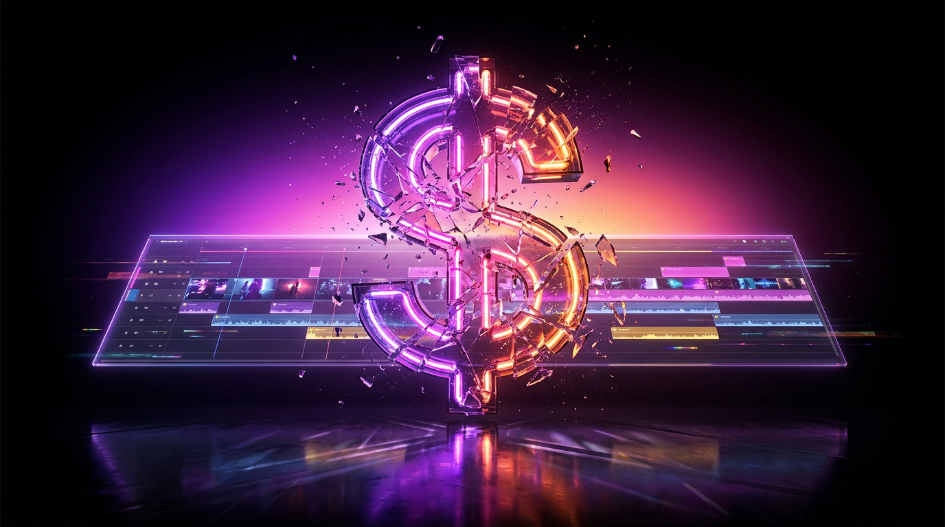 Símbolo de dólar quebrando sobre uma linha do tempo de vídeo em neon