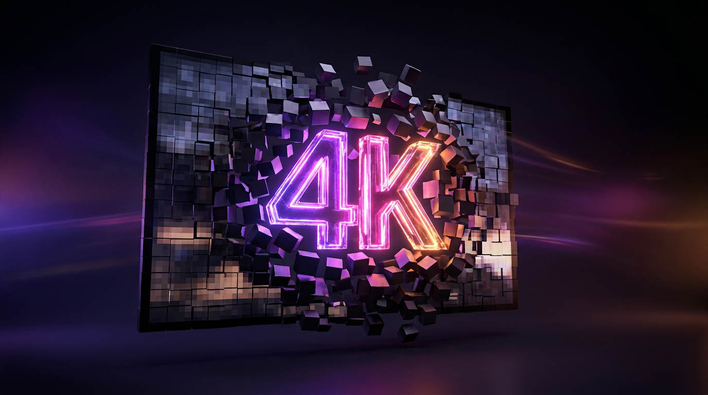 Símbolo 4K brilhante quebrando um quadro de vídeo pixelado em fundo neon