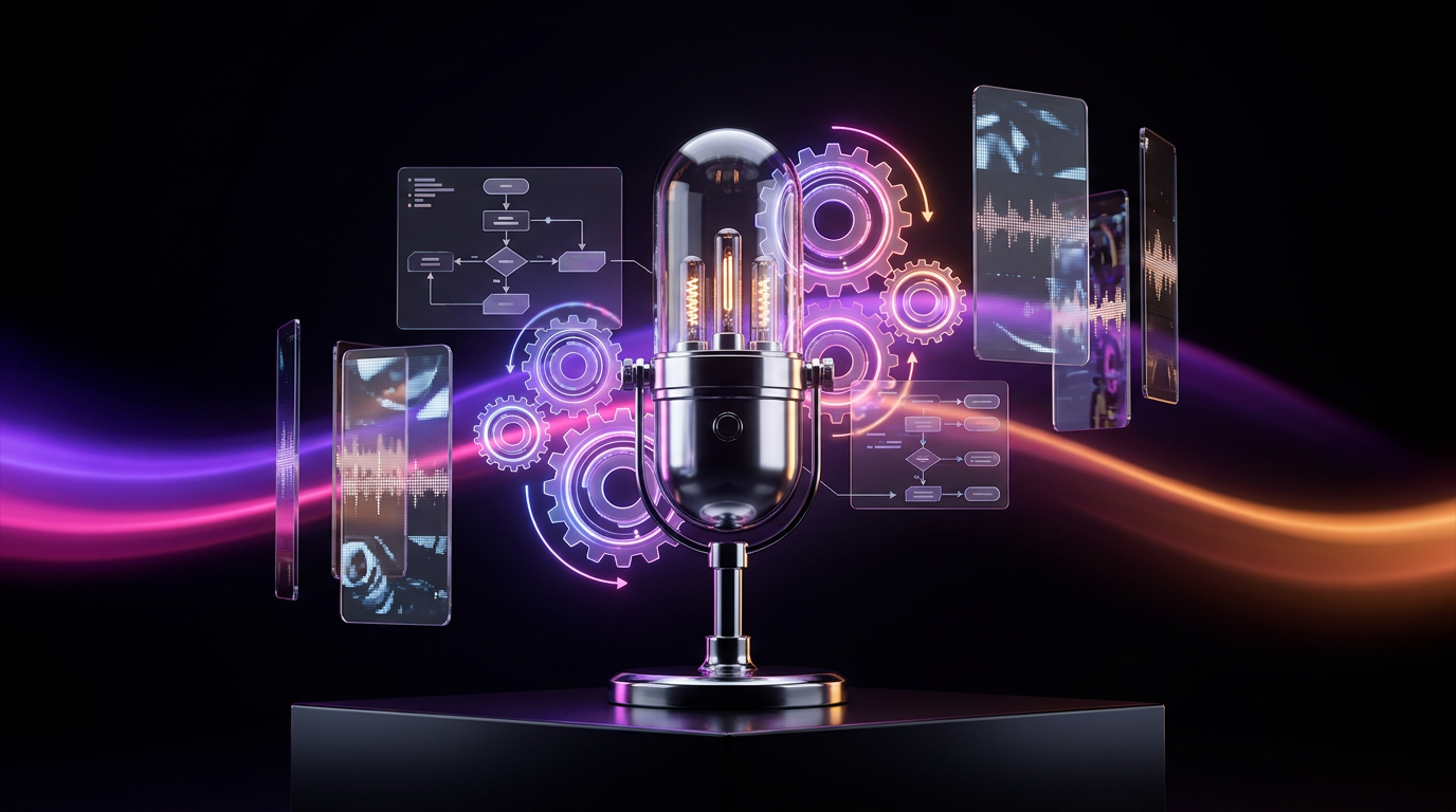Microfone futurista rodeado por engrenagens digitais e telas de vídeo flutuantes.