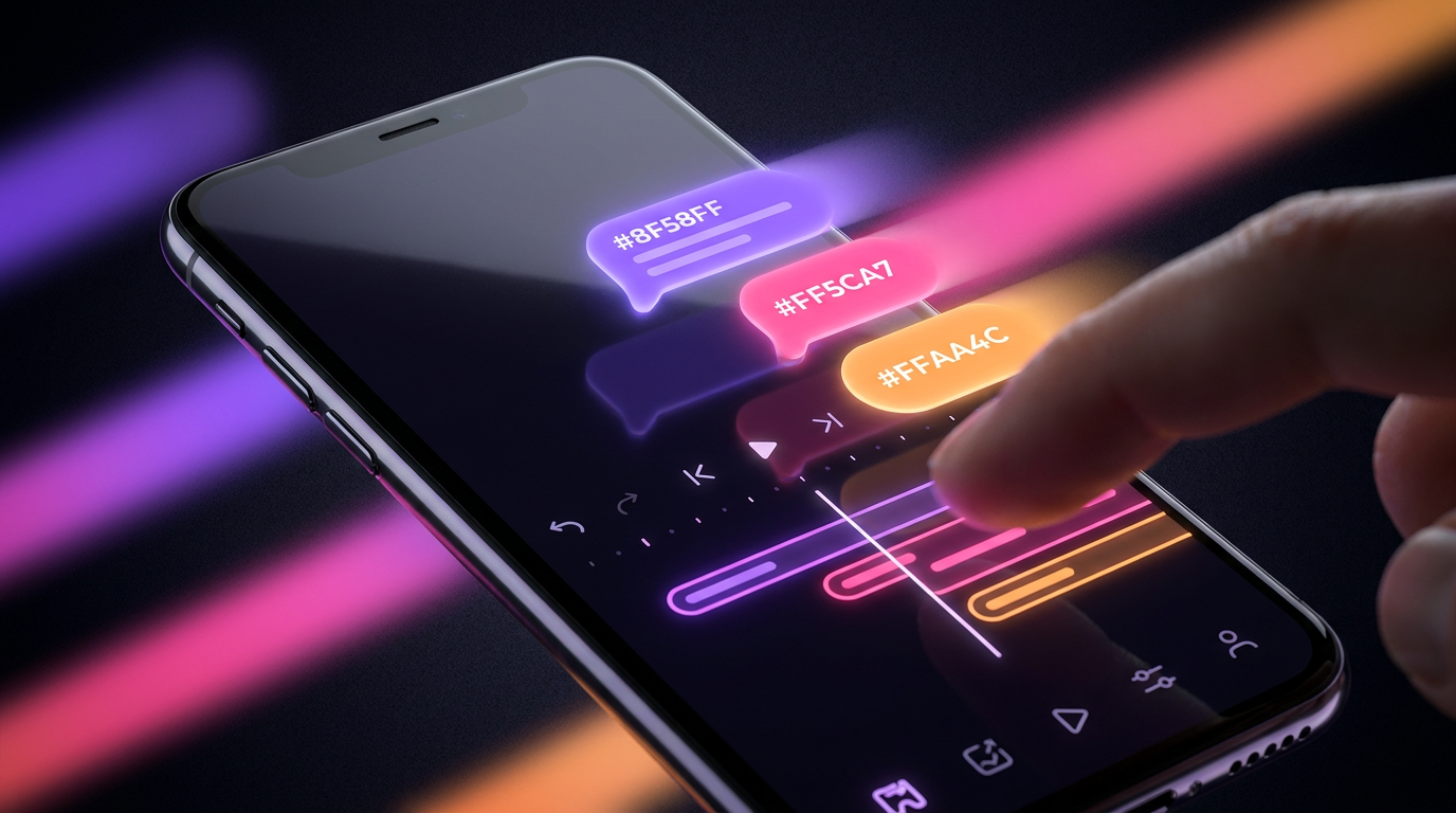 Interface de edição de vídeo em smartphone com legendas neon em destaque
