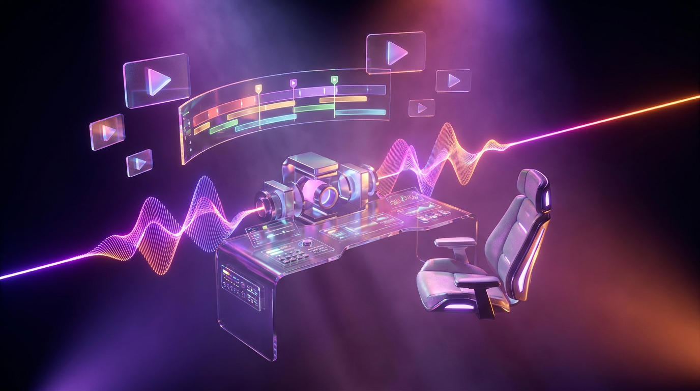Espaço de trabalho futurista flutuante com ícones de vídeo e neon