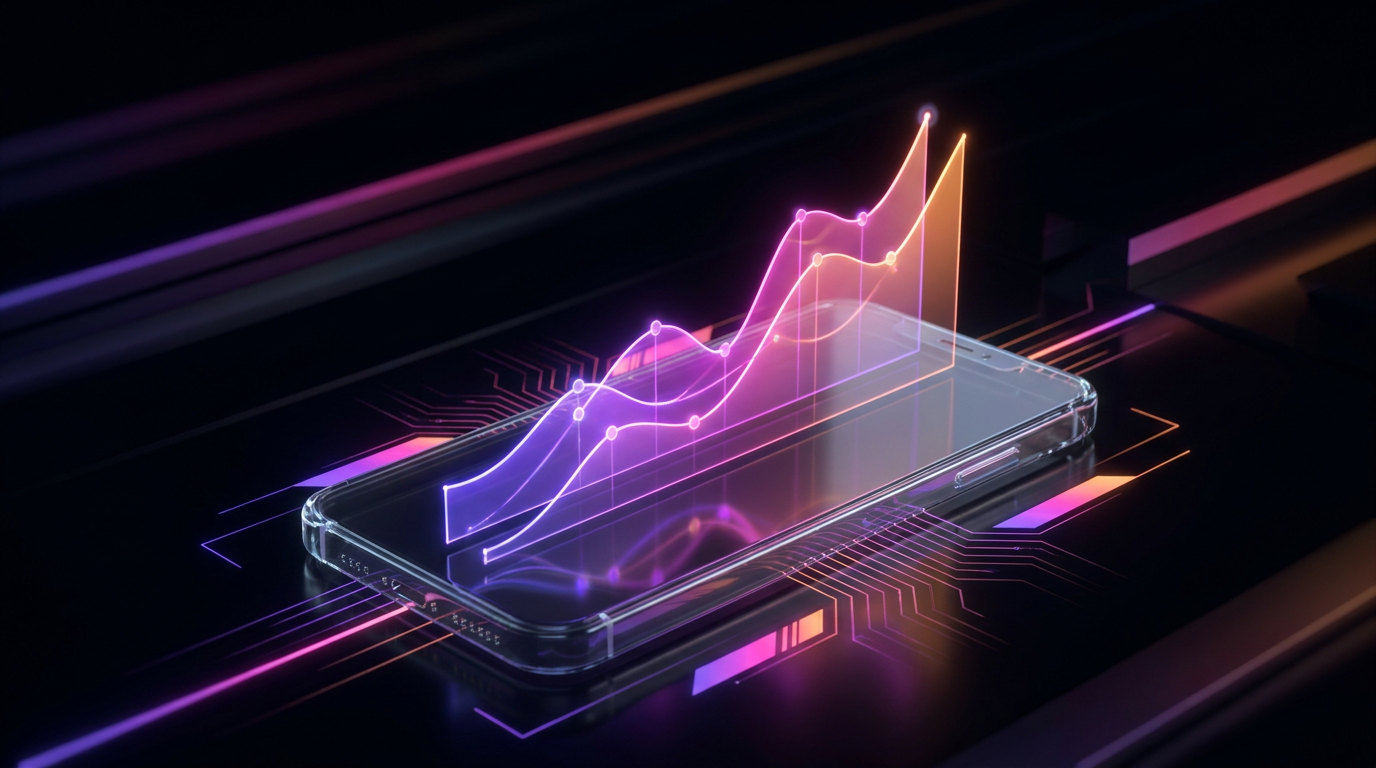 Gráfico holográfico brilhante saindo de um smartphone mostrando análise de tendências