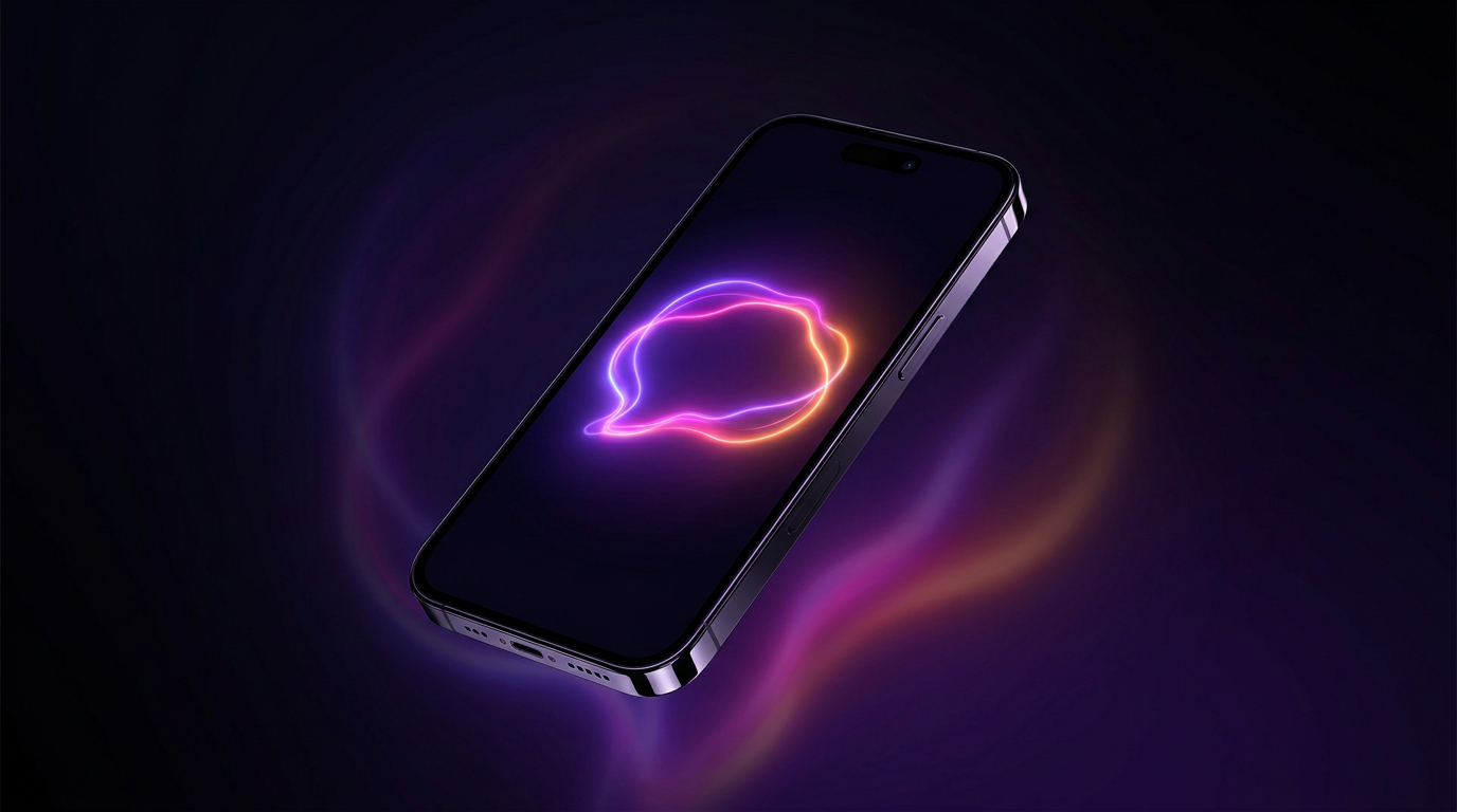 Smartphone exibindo bolha de texto iluminada com cores neon em fundo escuro.