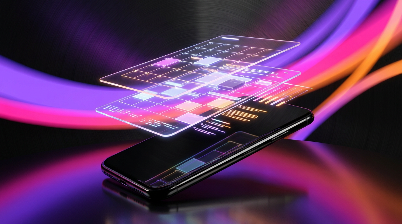 Interface holográfica de calendário flutuando sobre um smartphone com luzes de neon