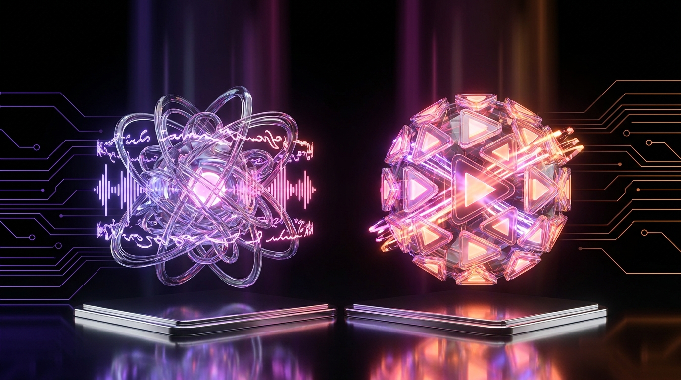 Ilustração 3D com ondas de áudio e ícones de vídeo em neon