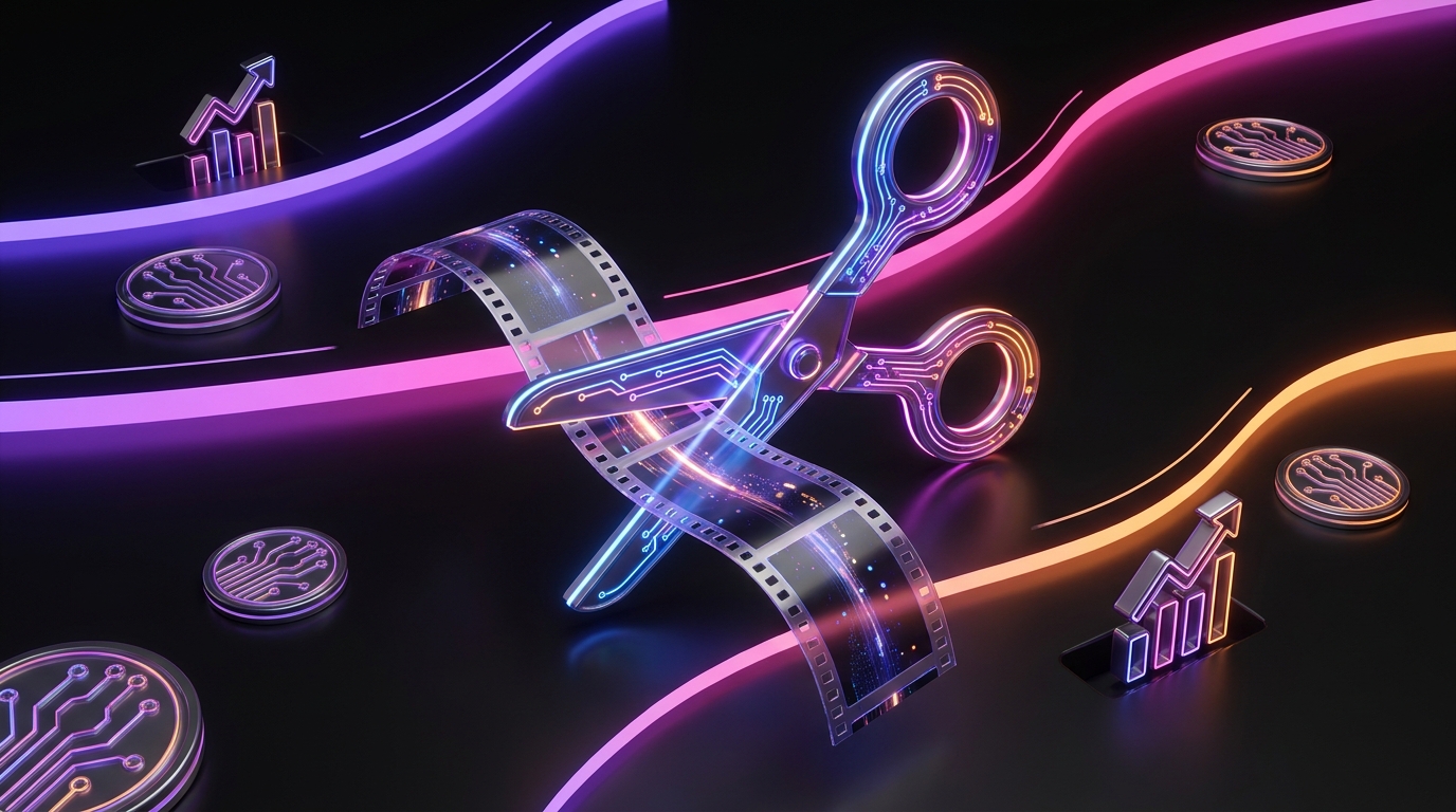 Tesoura de neon cortando rolo de filme digital com gráficos de crescimento