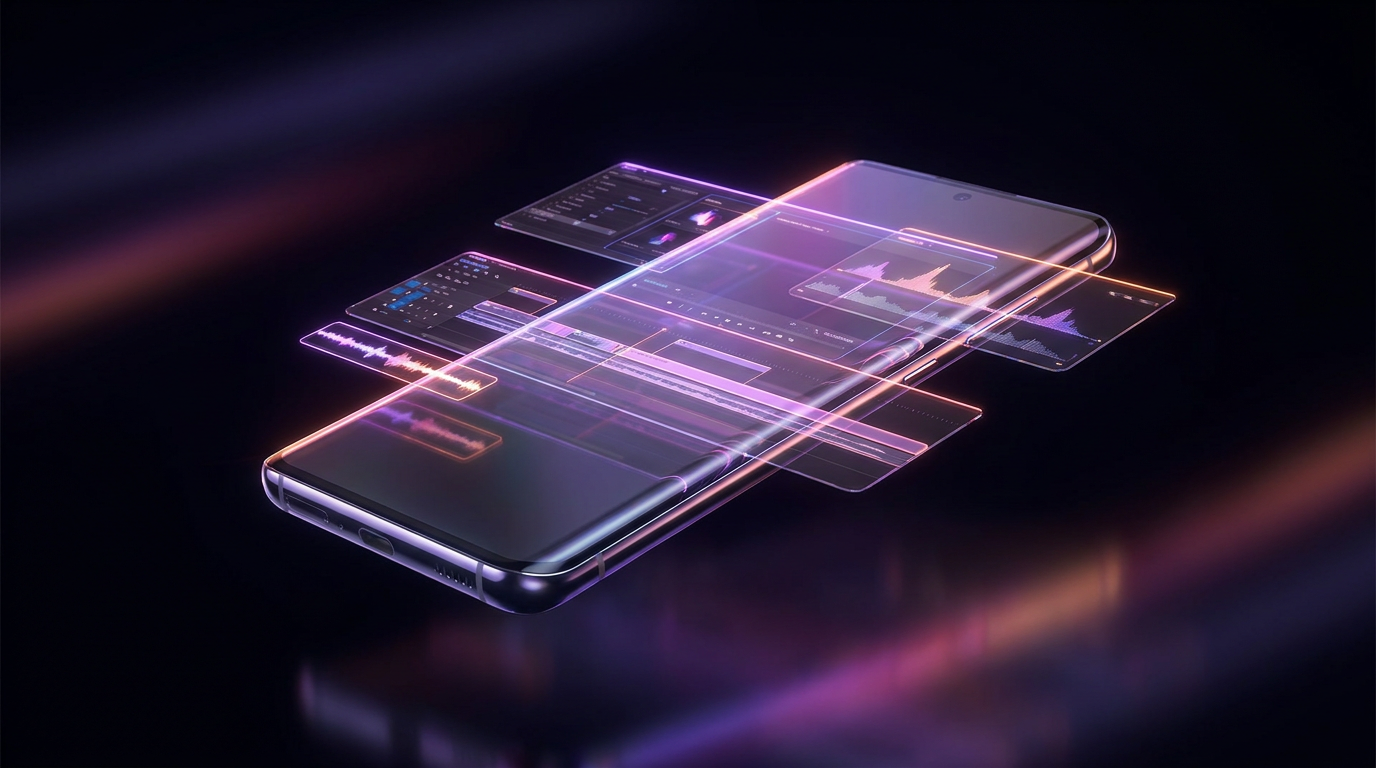 Smartphone exibindo linha do tempo de edição de vídeo futurista