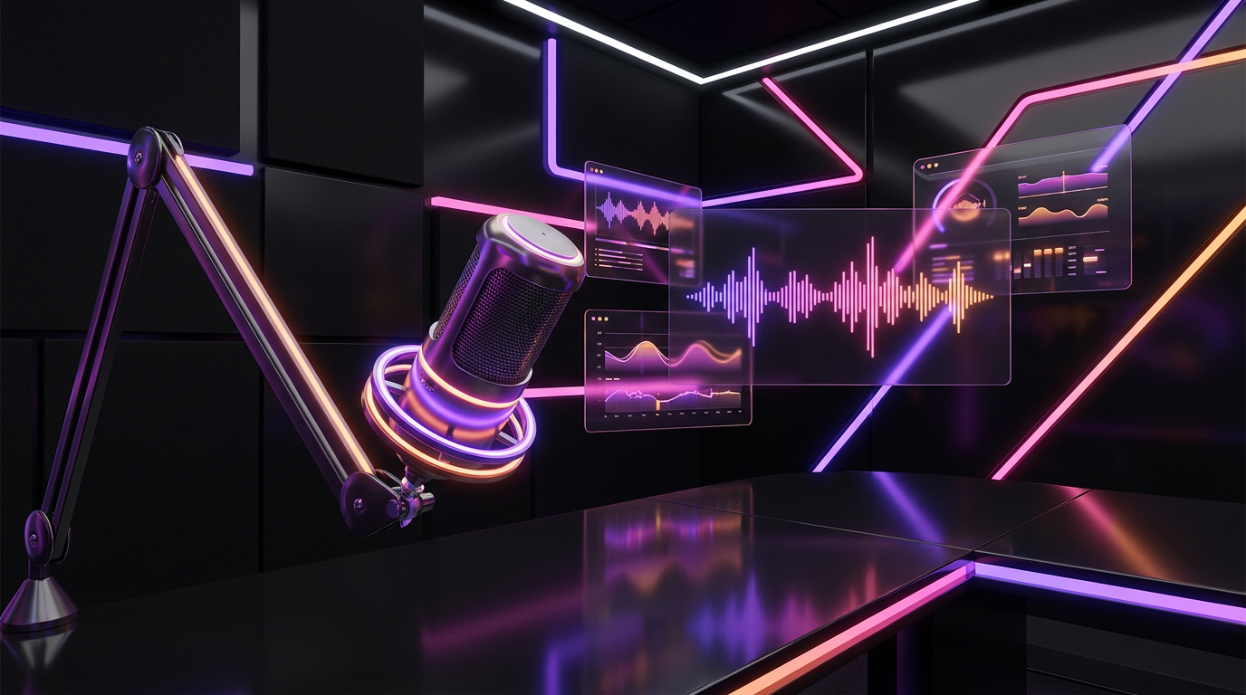 Microfone e telas digitais flutuantes com ondas sonoras em fundo escuro com neon