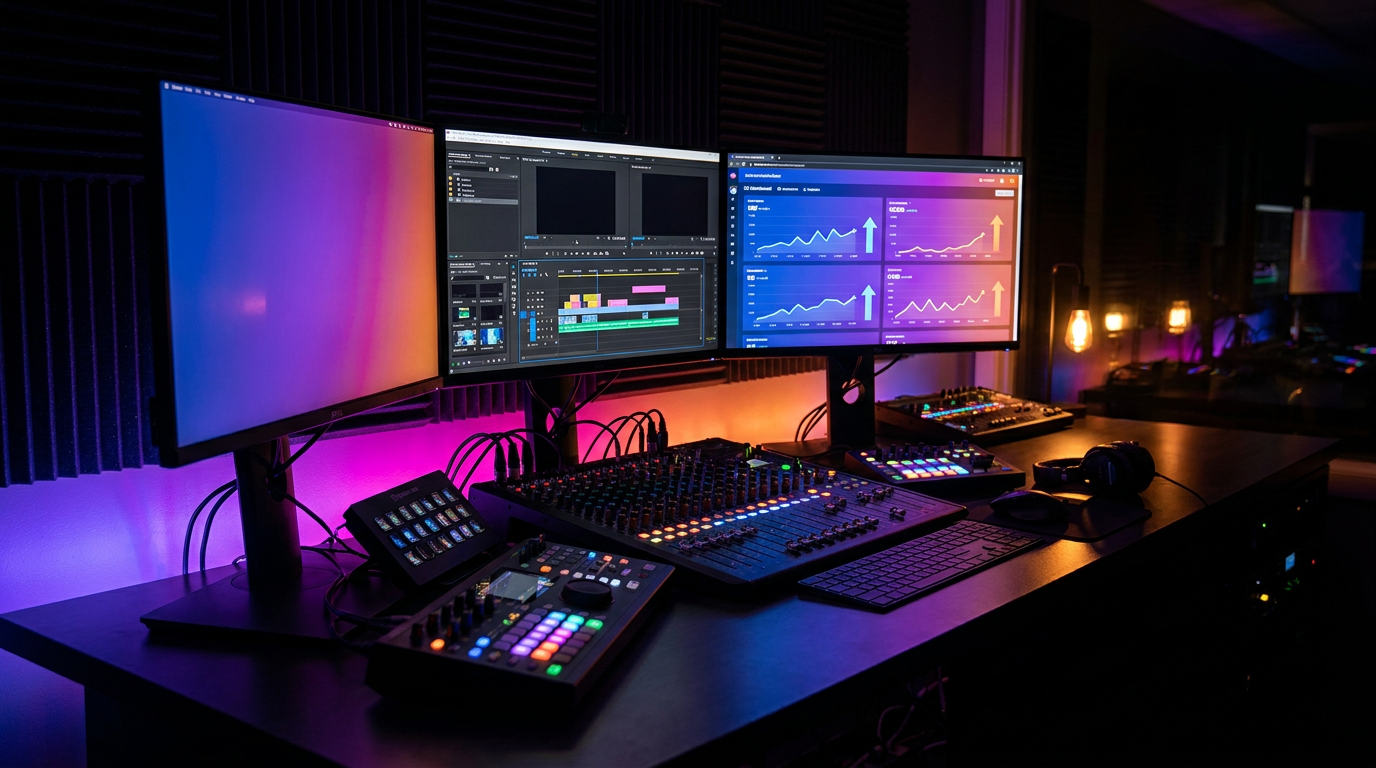 Setup de edição de vídeo com telas brilhantes e iluminação neon