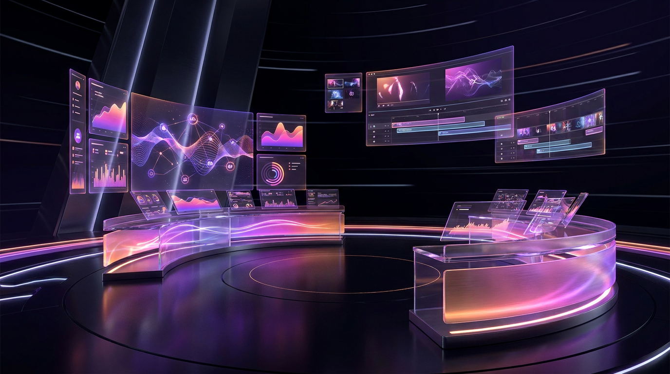 Central de comando futurista com telas holográficas de edição de vídeo.