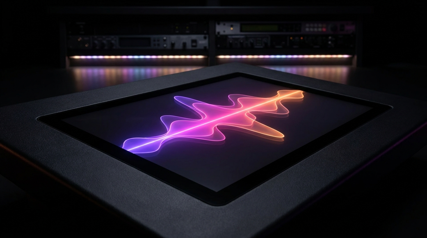 Onda de áudio digital brilhante em interface escura com tons neon.