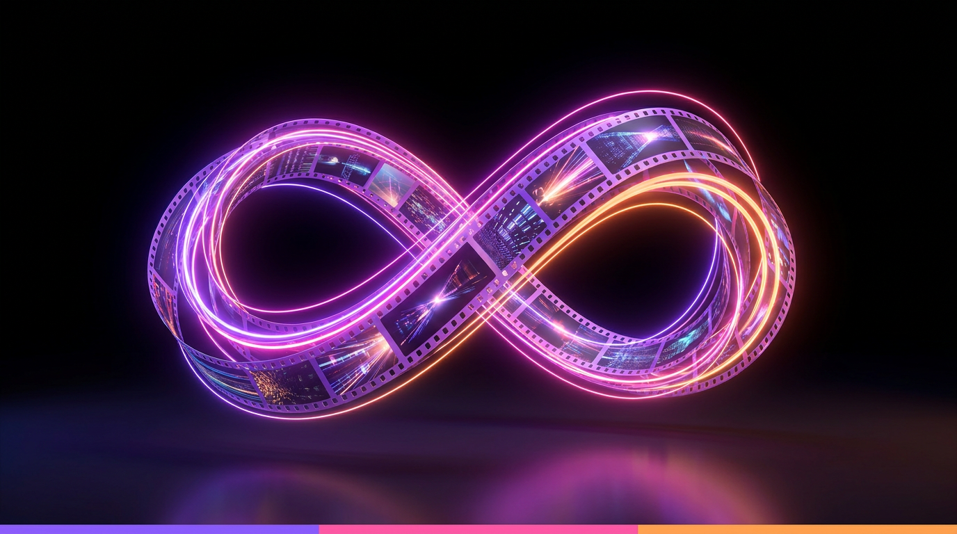 Símbolo do infinito feito de rolos de filme digitais brilhantes em fundo escuro