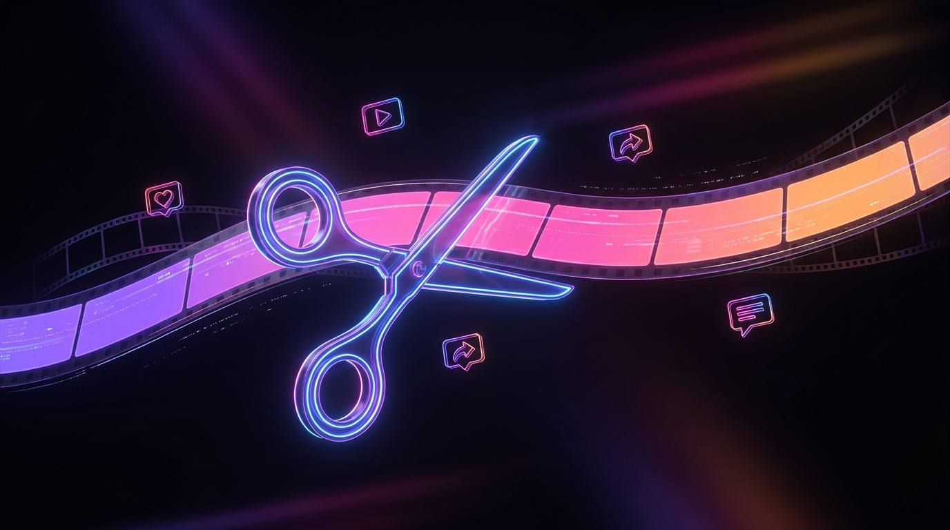 Linha do tempo de vídeo sendo cortada por tesoura de neon