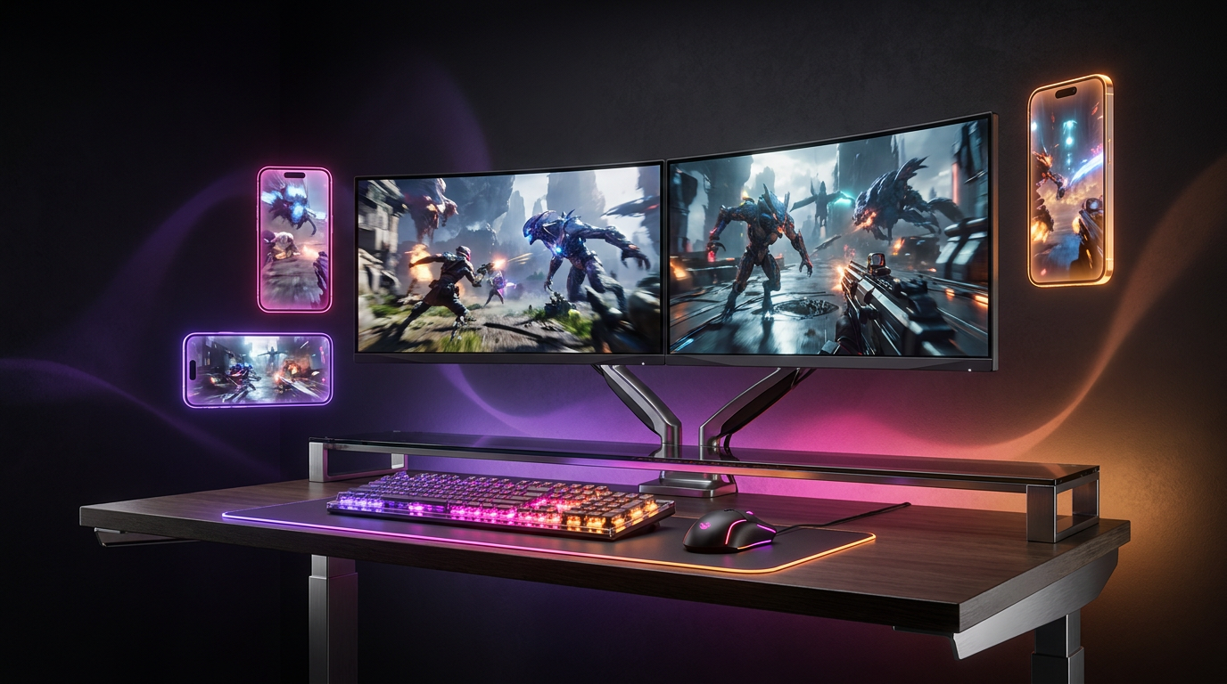 Setup de streaming moderno com telas flutuantes de vídeos verticais gerados por IA.