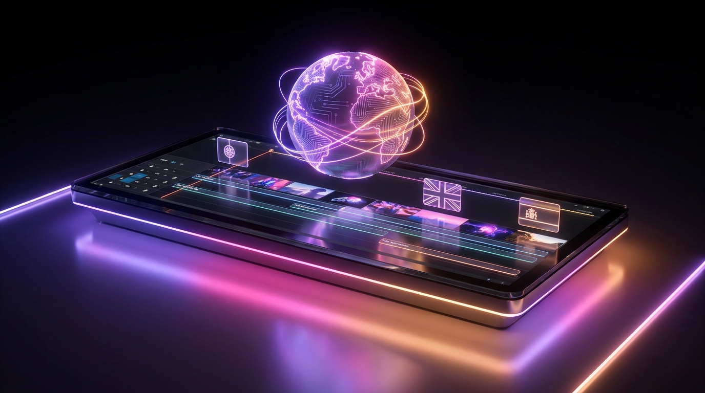 Globo futurista sobre linha do tempo de edição de vídeo iluminado em neon