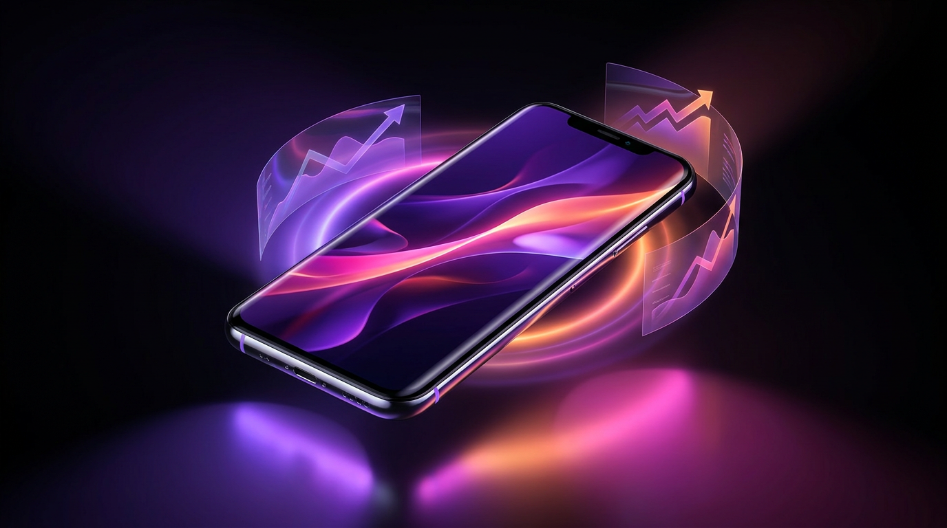 Smartphone flutuante com gráficos de crescimento e luzes neon roxas e laranjas