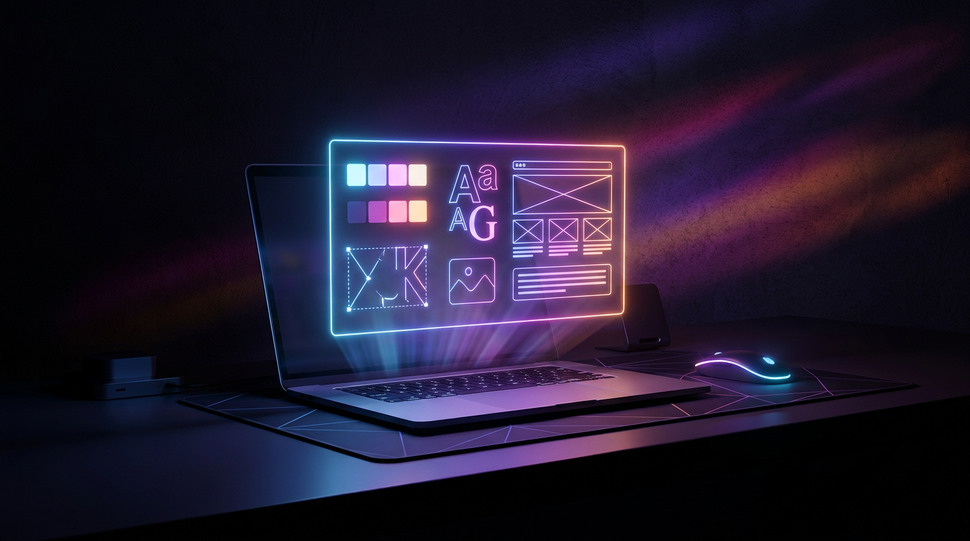 Projeção holográfica de um guia de marca sobre um notebook moderno em ambiente escuro.