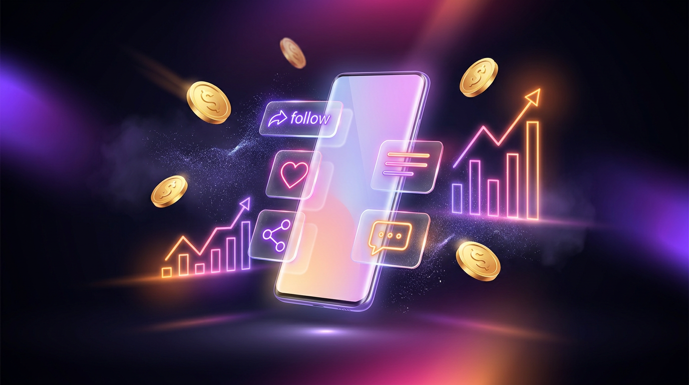 Smartphone brilhante com ícones de redes sociais, gráficos de alta e moedas flutuando