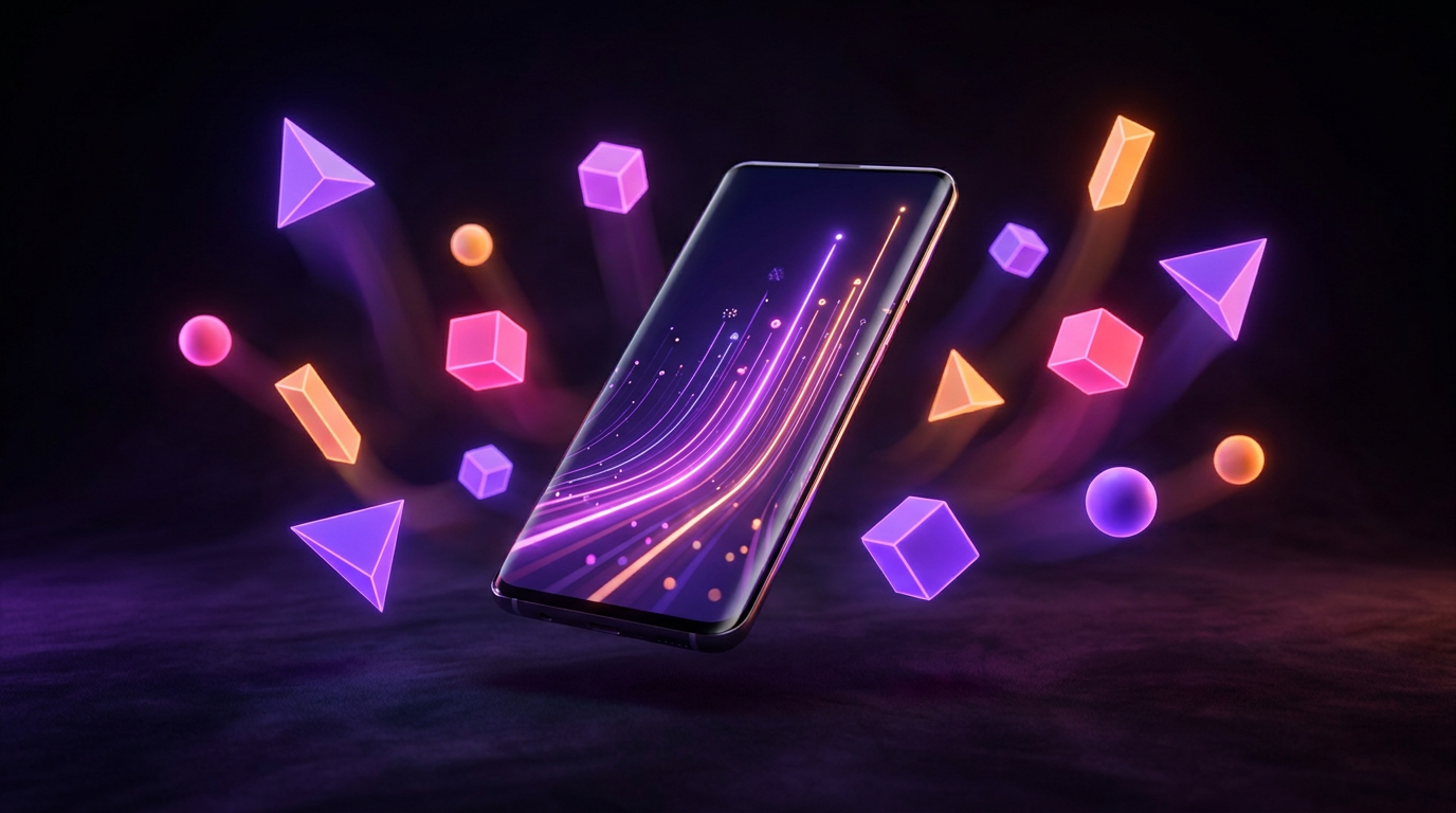 Smartphone com gráfico de crescimento cercado por luzes neon roxas e laranjas