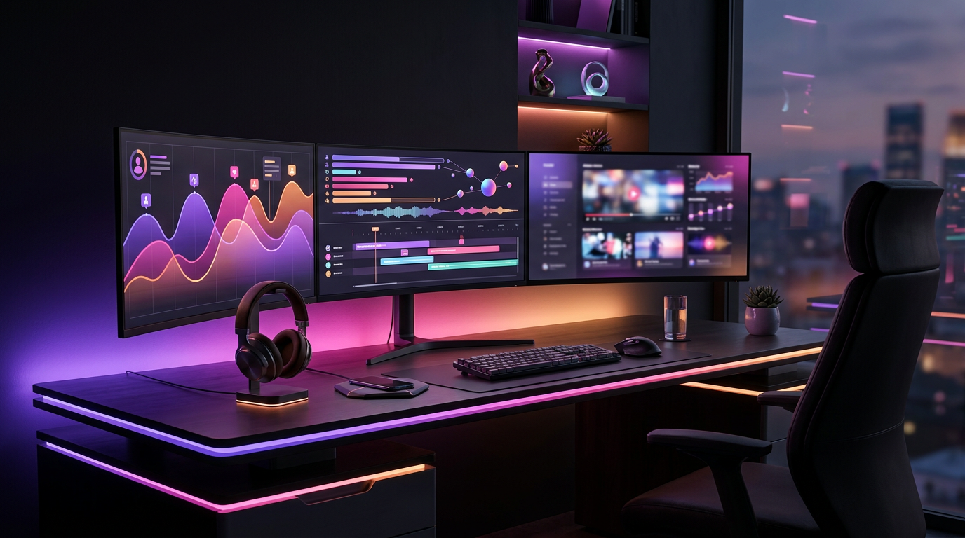 Setup de múltiplos monitores de uma agência de edição de vídeo com iluminação neon