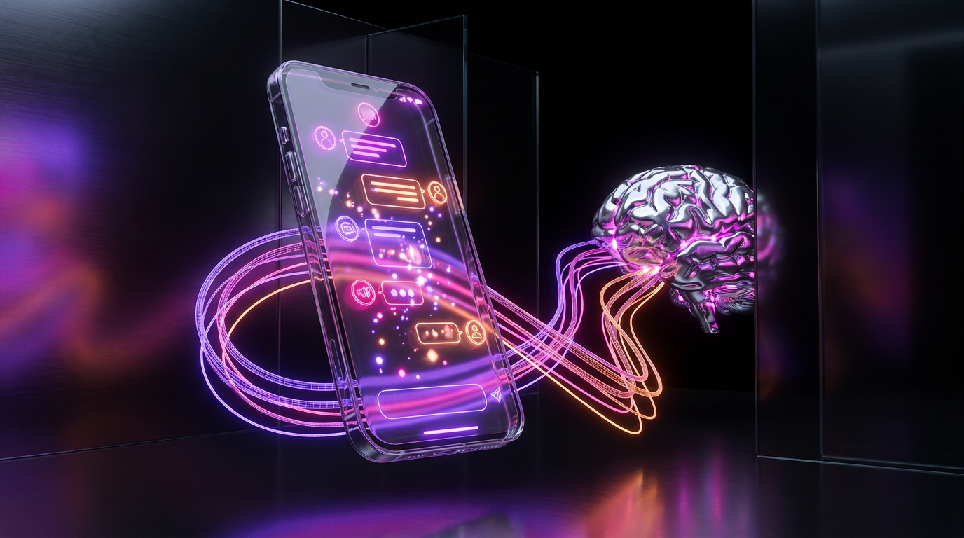Smartphone com interface de chat futurista iluminada por neons roxo e rosa