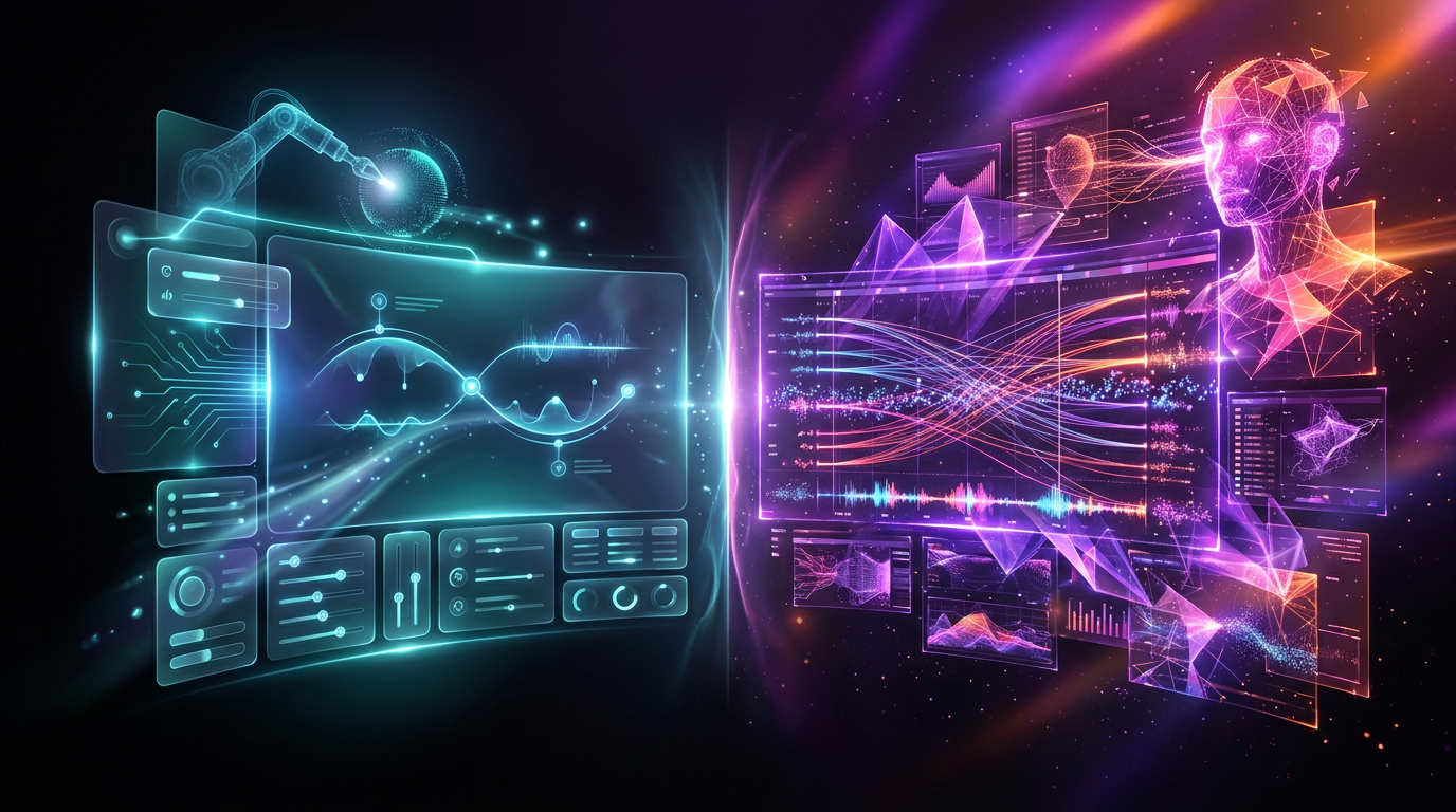Tela dividida ilustrando duas interfaces futuristas de edição de vídeo com IA