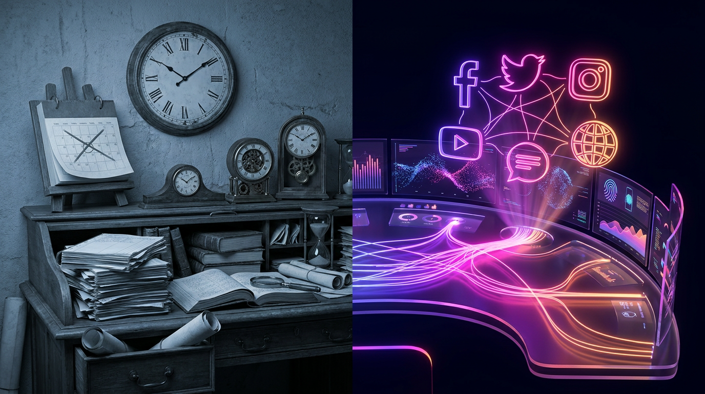 Tela dividida comparando um calendário de postagem tradicional com um painel futurista de IA