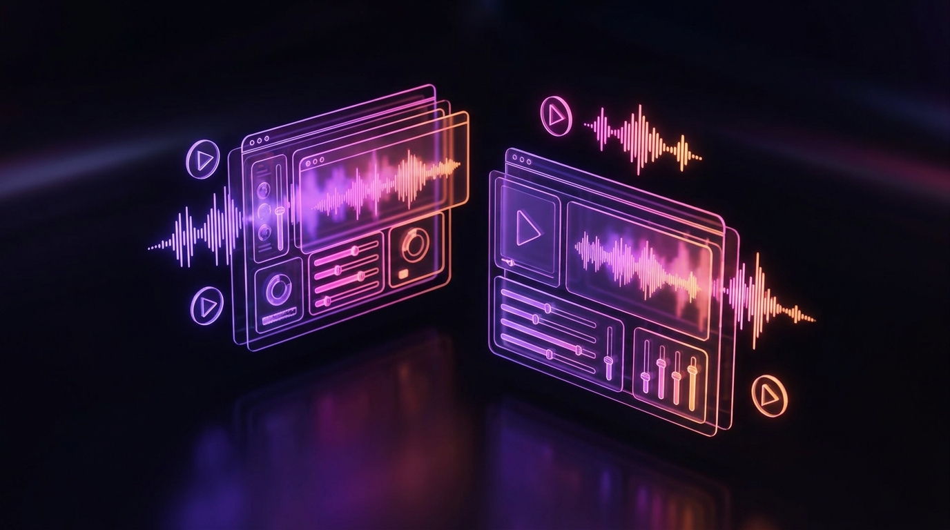 Comparativo visual de interfaces futuristas de edição de vídeo com inteligência artificial.