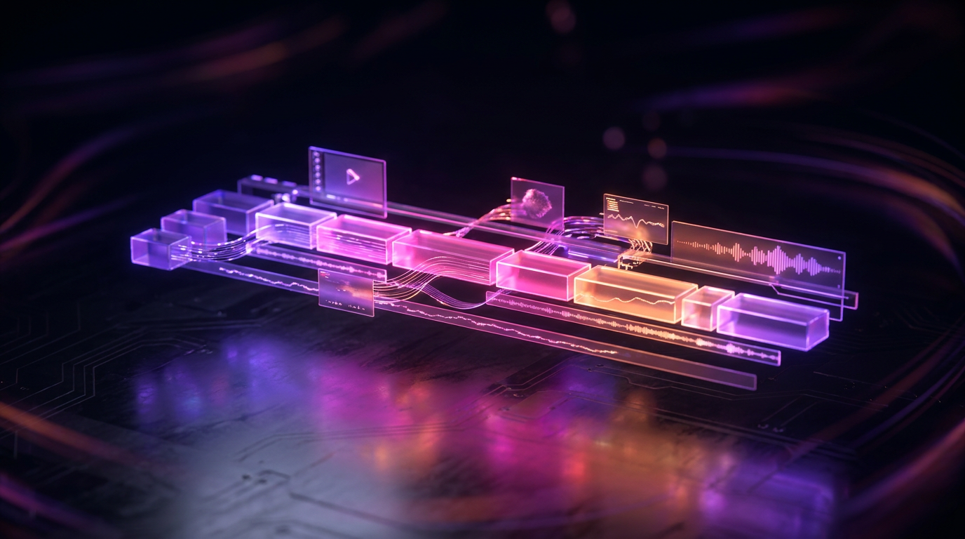 Interface futurista de edição de vídeo flutuando em fundo escuro com luzes neon.