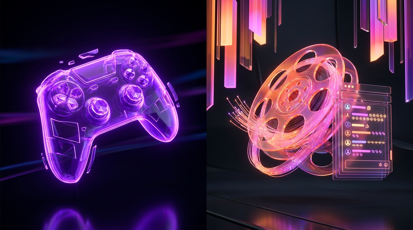 Controle de videogame e rolo de filme brilhando em fundo escuro neon