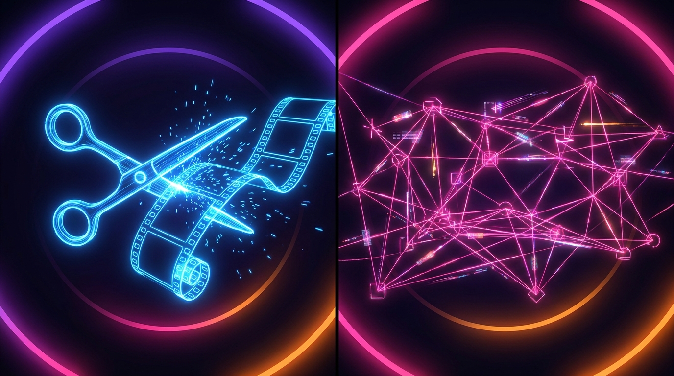 Tela dividida com tesoura de neon cortando filme e rede de dados