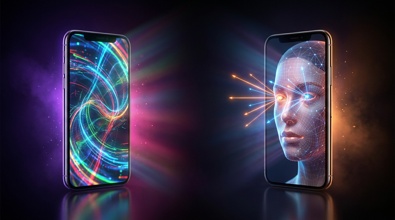Dois smartphones exibindo edição de vídeo com legendas dinâmicas em fundo neon.