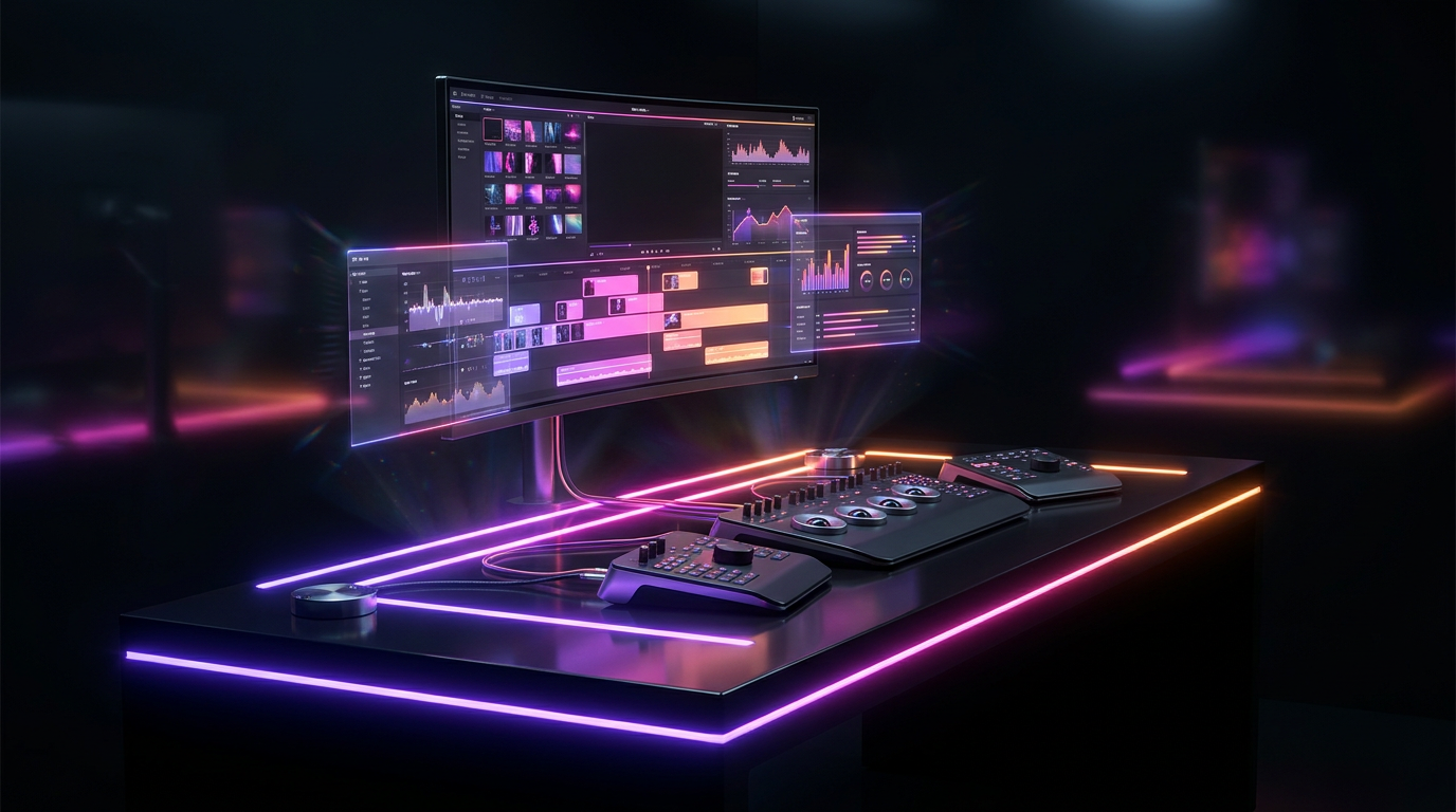 Setup de edição de vídeo futurista com hologramas e luzes neon