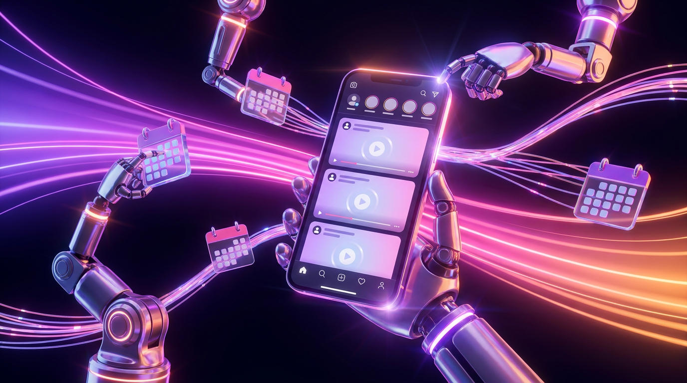 Smartphone com interface do TikTok e ícones de calendário em fundo escuro neon.