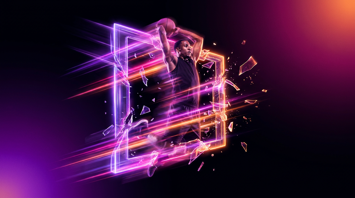 Atleta em movimento rápido quebrando uma tela digital iluminada por neon roxo e laranja.