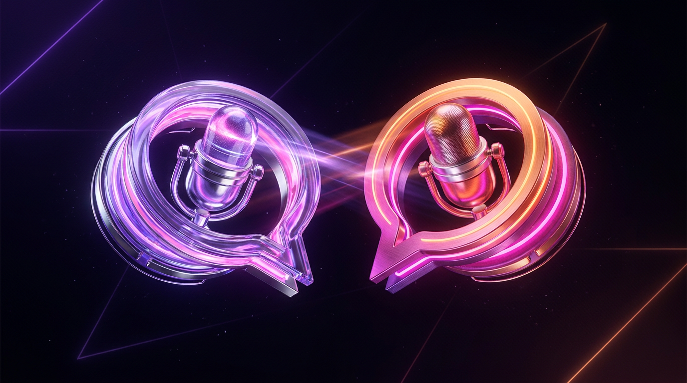 Ilustração 3D de balões de fala brilhantes representando inteligência artificial para legendas