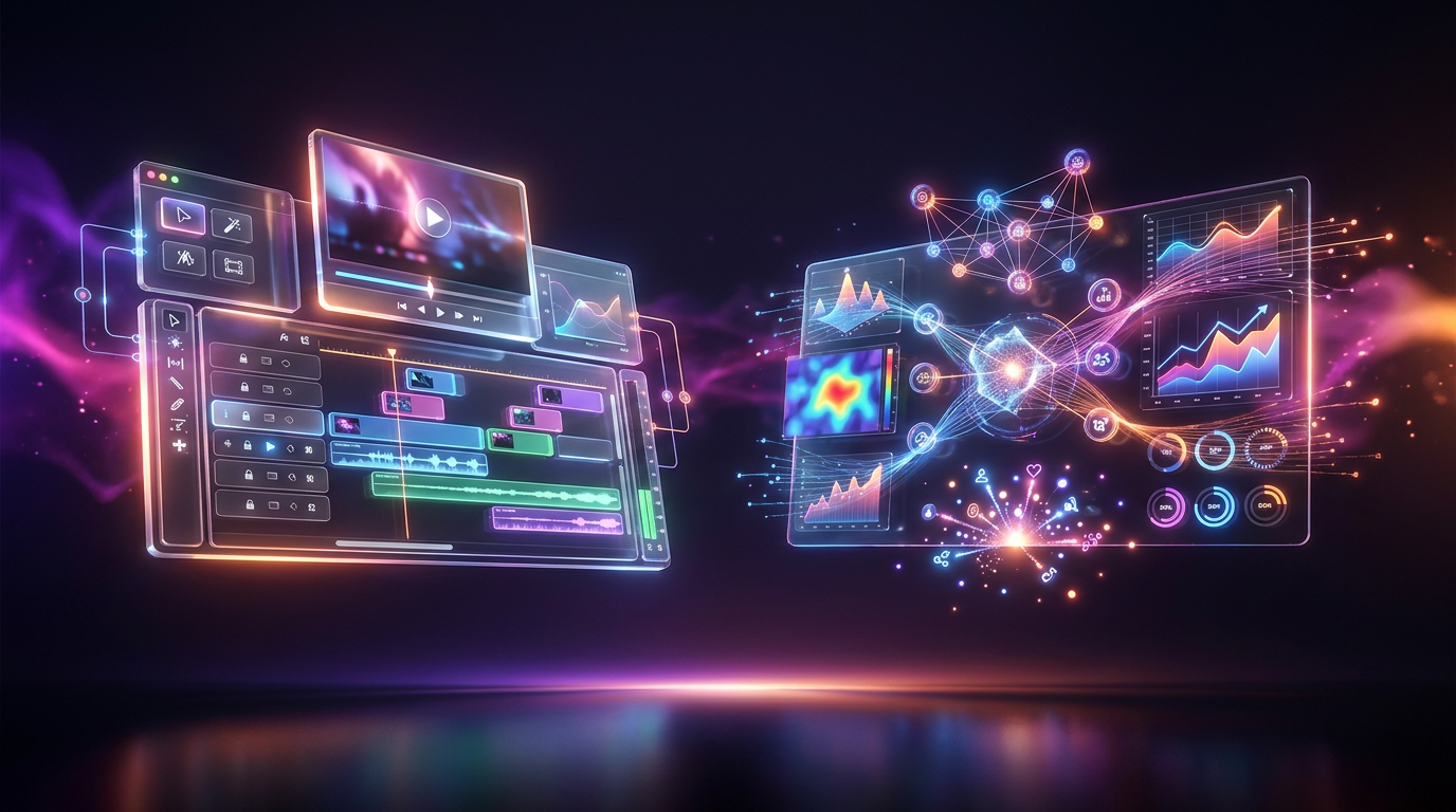 Comparativo visual entre interfaces de edição de vídeo em fundo escuro com neon