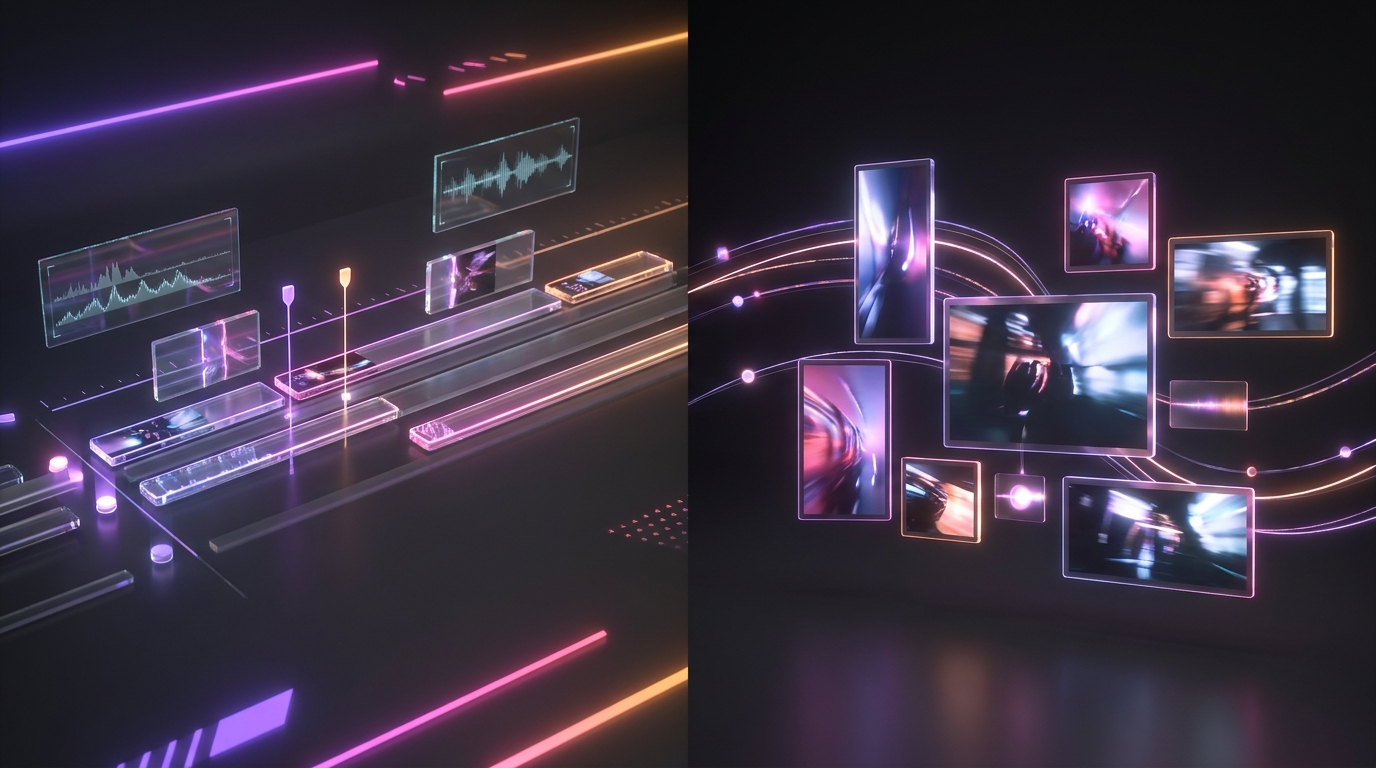 Interface futurista de edição de vídeo com luzes neon roxas e laranjas separando duas telas.