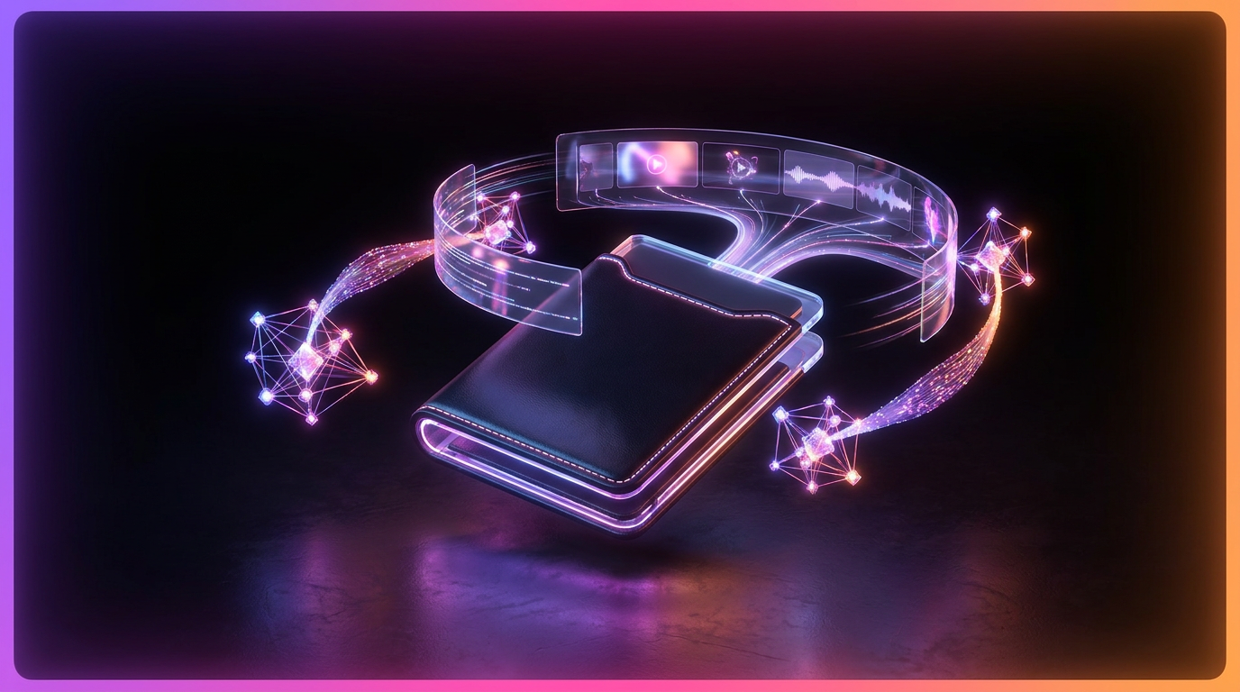 Carteira digital brilhante interagindo com uma linha do tempo de vídeo holográfica.