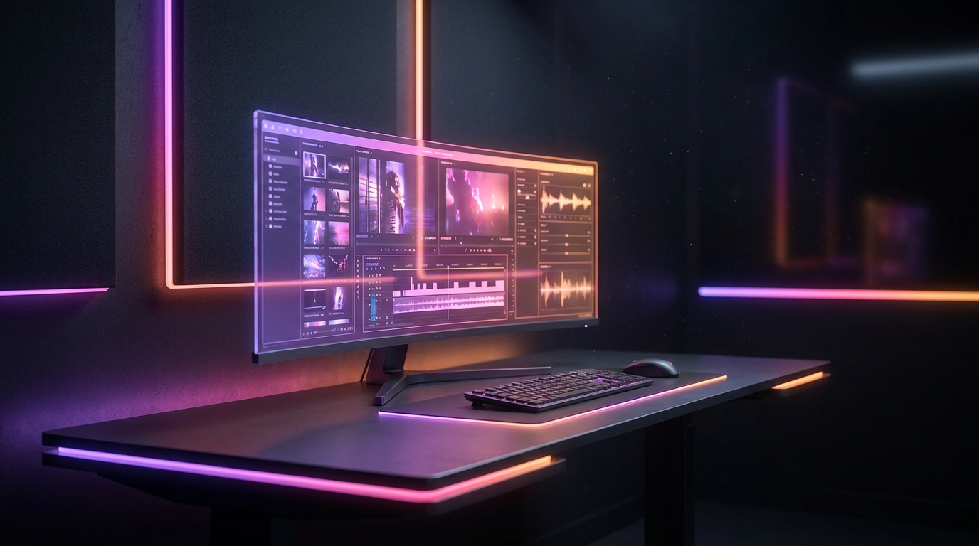 Mesa de edição futurista com telas holográficas mostrando vídeos verticais em tons neon