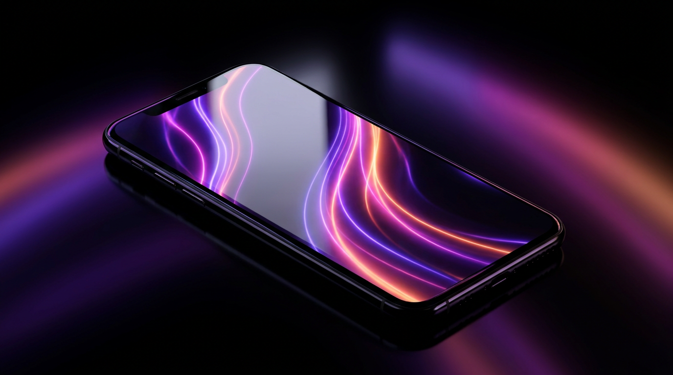 Smartphone exibindo legendas dinâmicas flutuantes em fundo escuro com neon